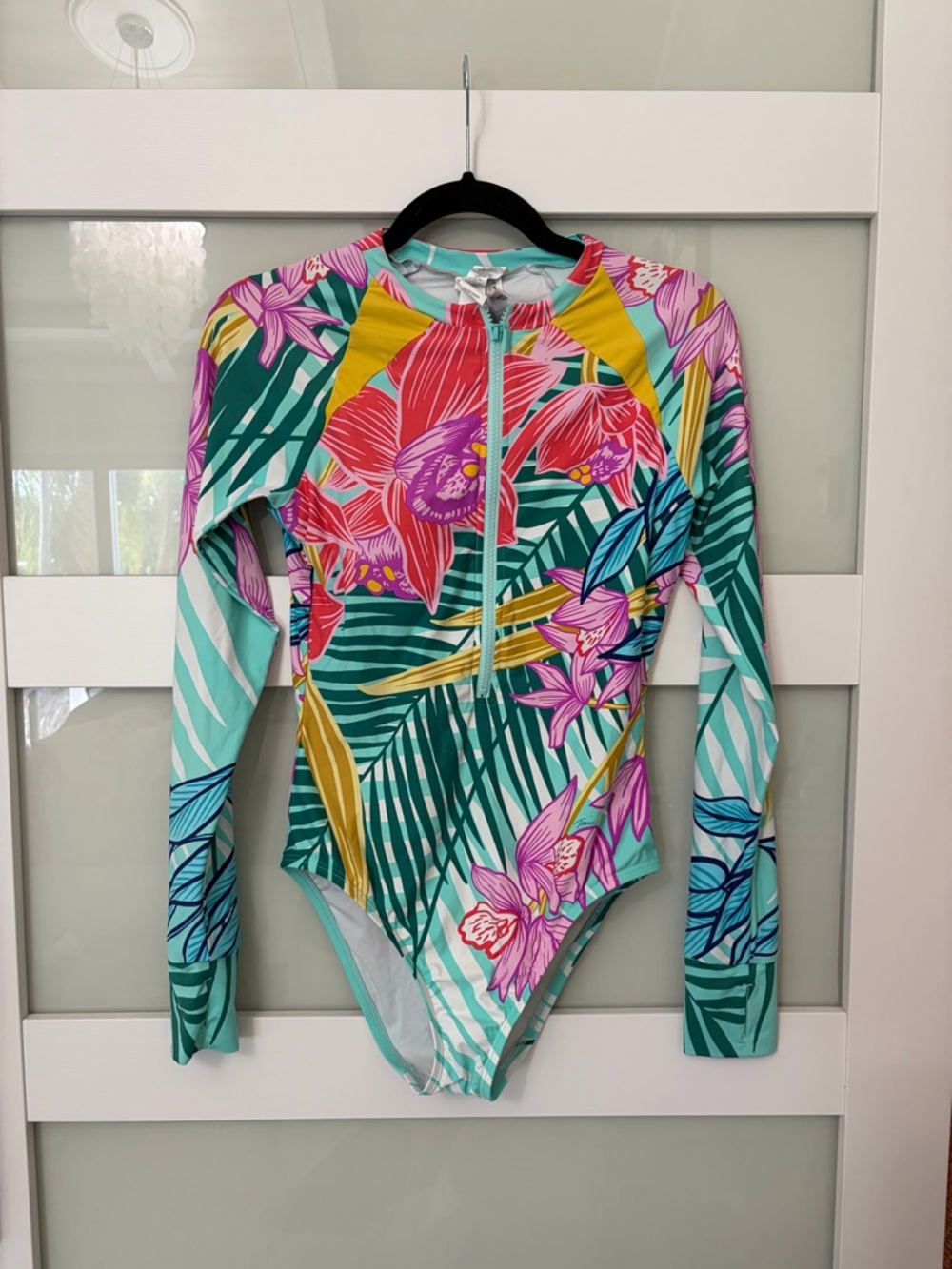 Trina Turk Mint, Coral & Pink Tropical Zip Swim Top